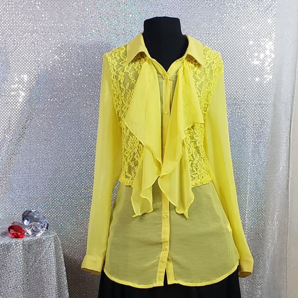 Sheer Yellow Lace Blouse with Victorian Ruffle